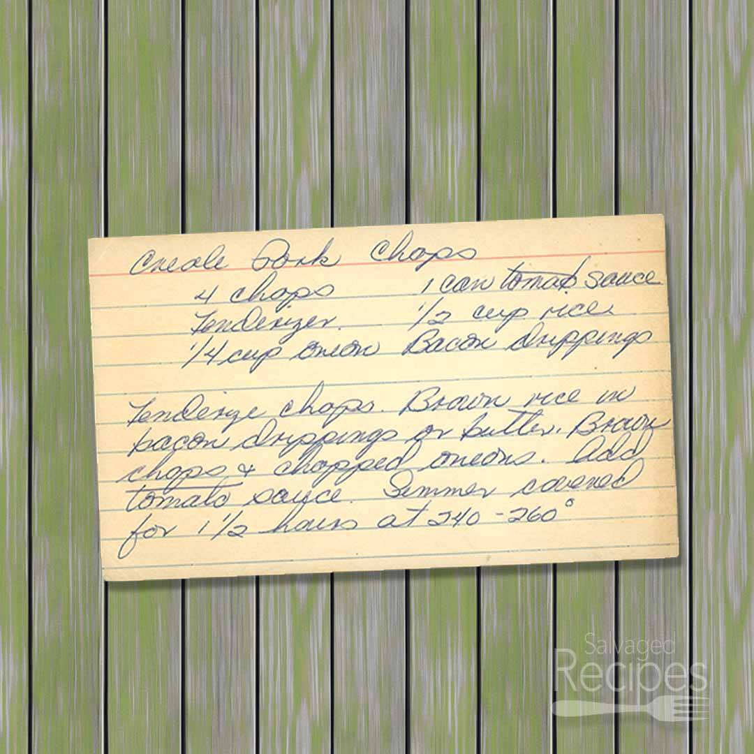 Handwritten recipe card for Creole Pork Chops