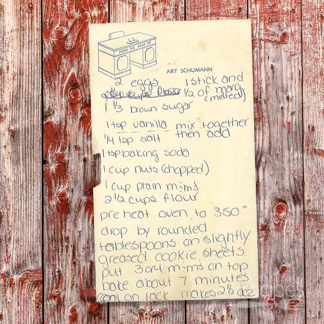Handwritten recipe for M&M Cookies from Art Schumann