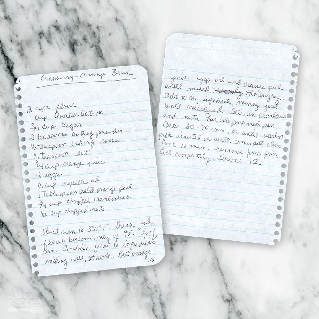 Handwritten recipe for Cranberry-Orange Bread