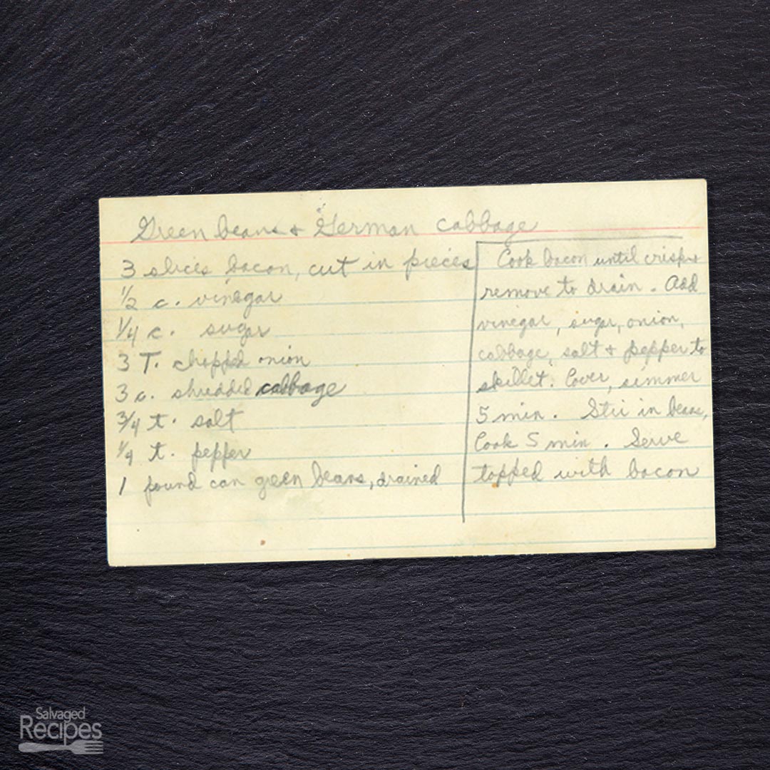 Handwritten recipe card for Green Beans and German Cabbage