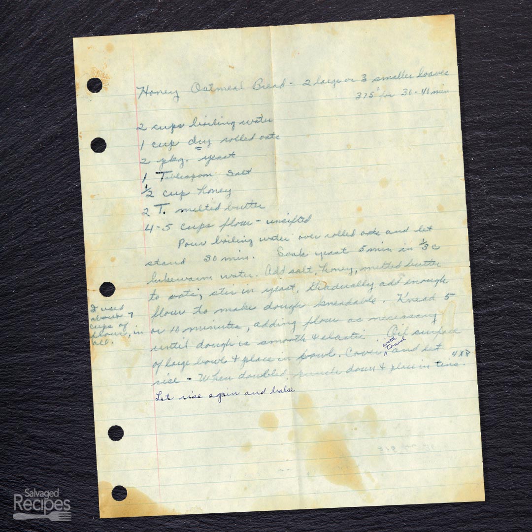 Handwritten recipe for Honey Oatmeal Bread