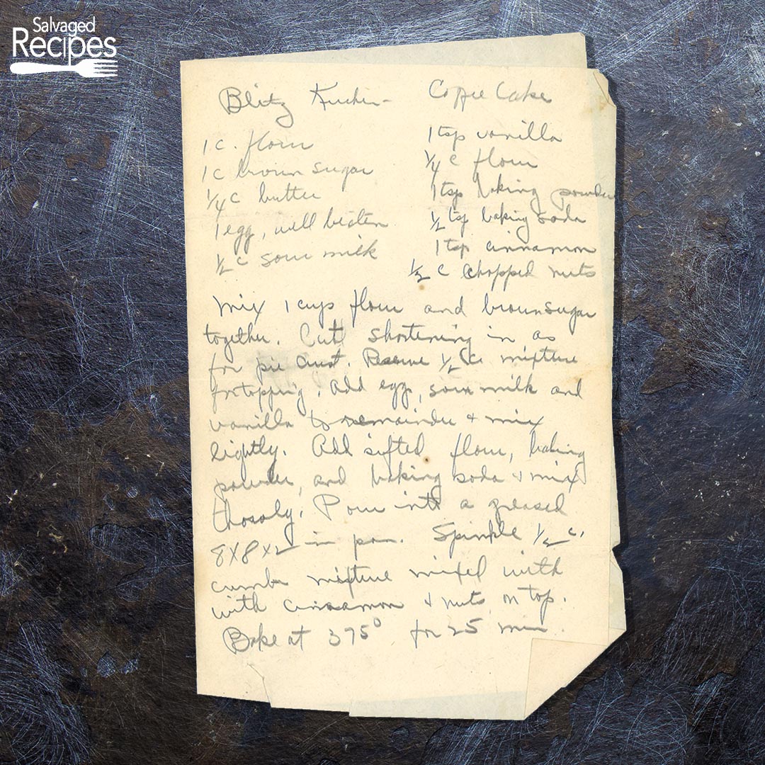 Handwritten recipe for Blitz Kuchen Coffee Cake