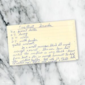 Handwritten recipe card for Peanut Snacks