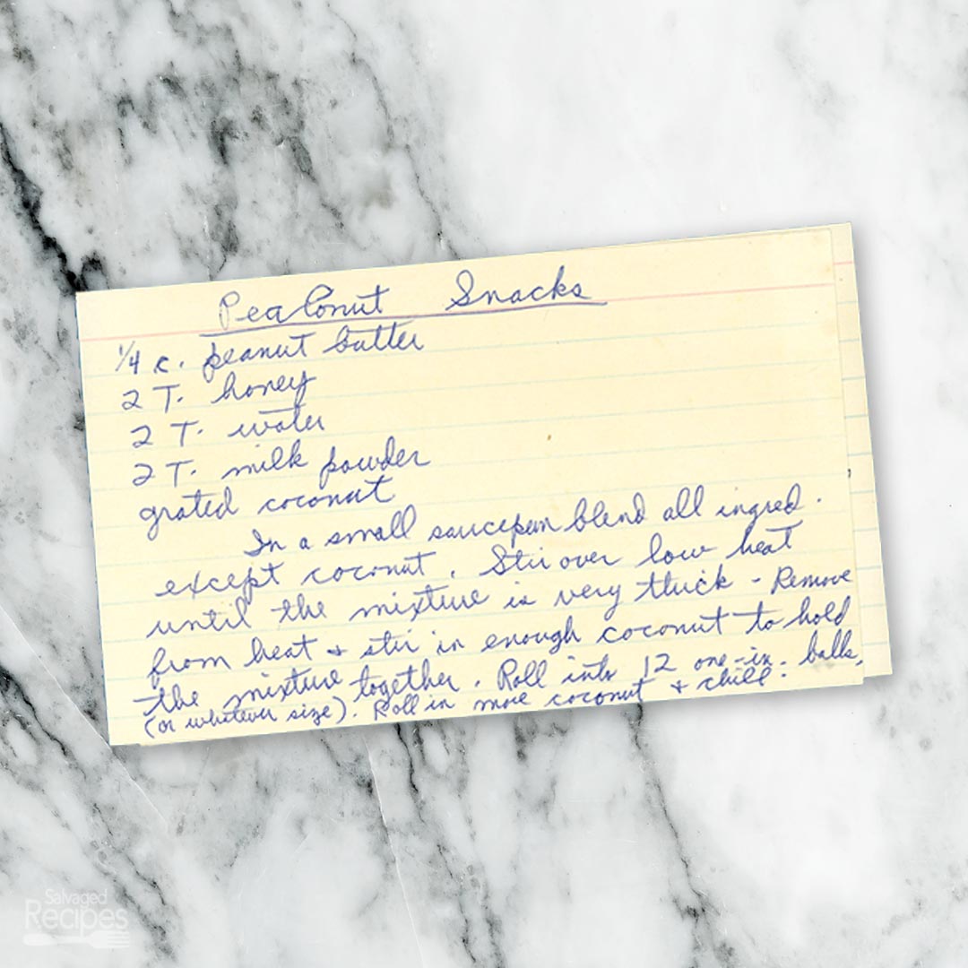 Handwritten recipe card for Peanut Snacks