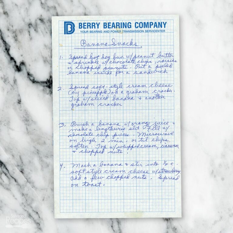 Handwritten recipe for Banana Snacks