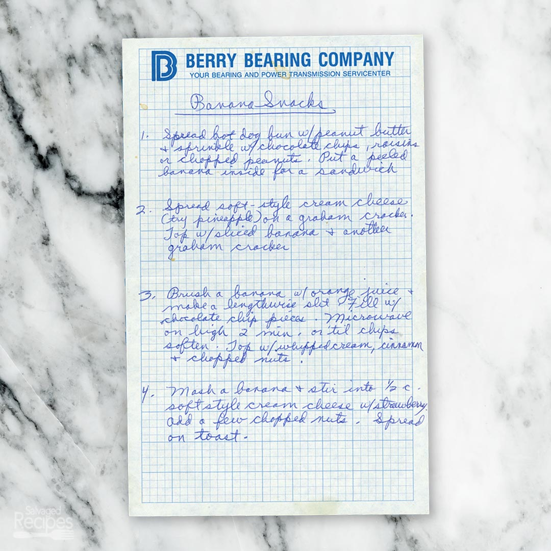 Handwritten recipe for Banana Snacks