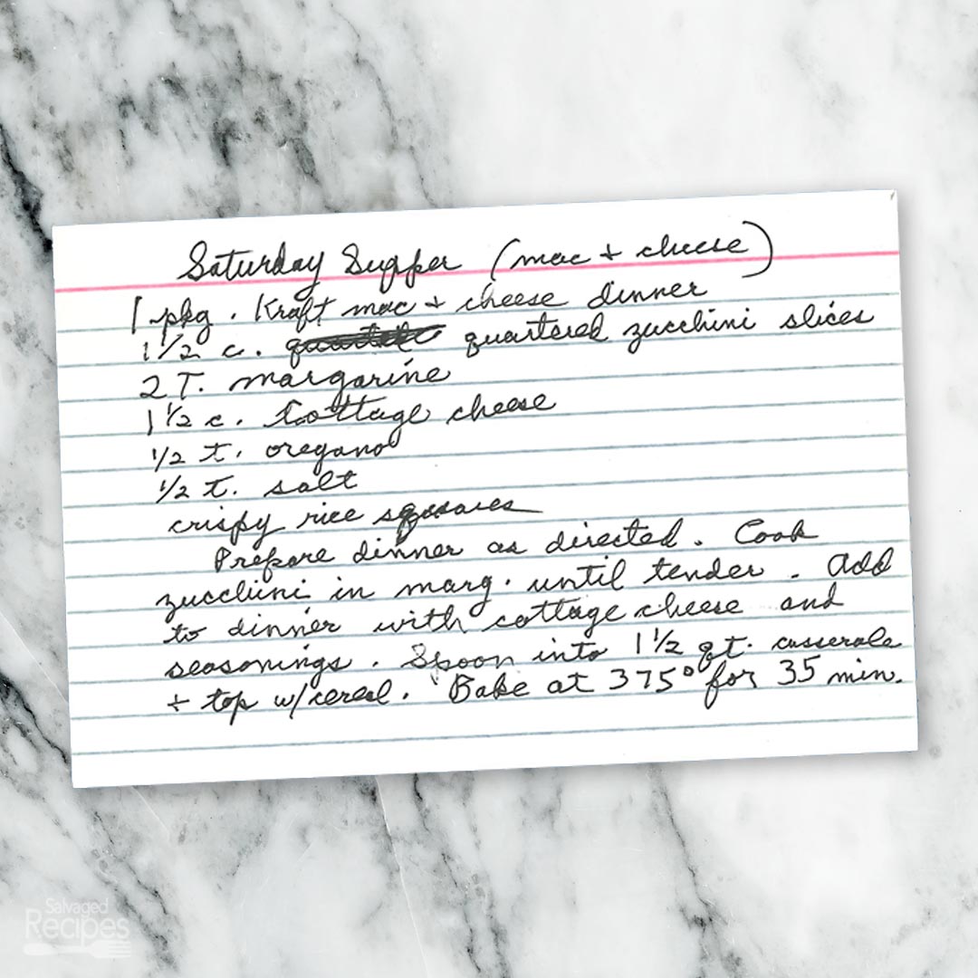 Handwritten recipe card for Saturday Supper - Mac and Cheese