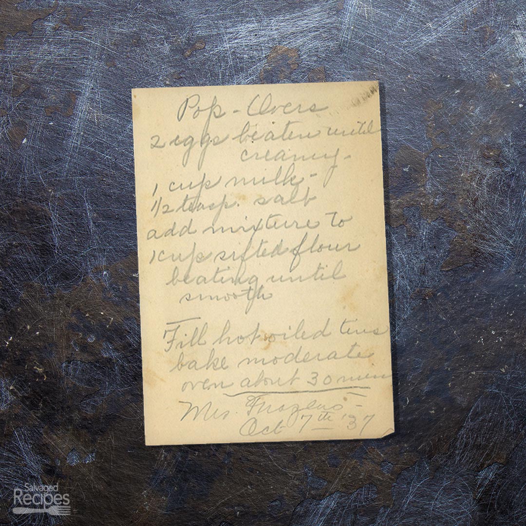 Handwritten recipe for Popovers from Mrs. Frageno