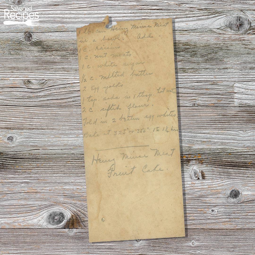 Handwritten recipe for Heinz Mince Meat Fruit Cake