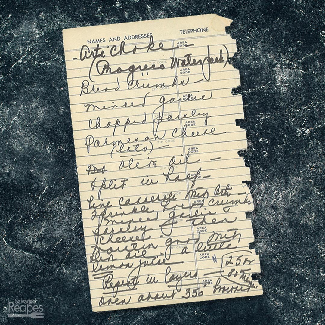 Handwritten recipe for Artichoke from Progresso Waterpark