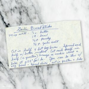 Handwritten recipe for Garlic Bread Sticks