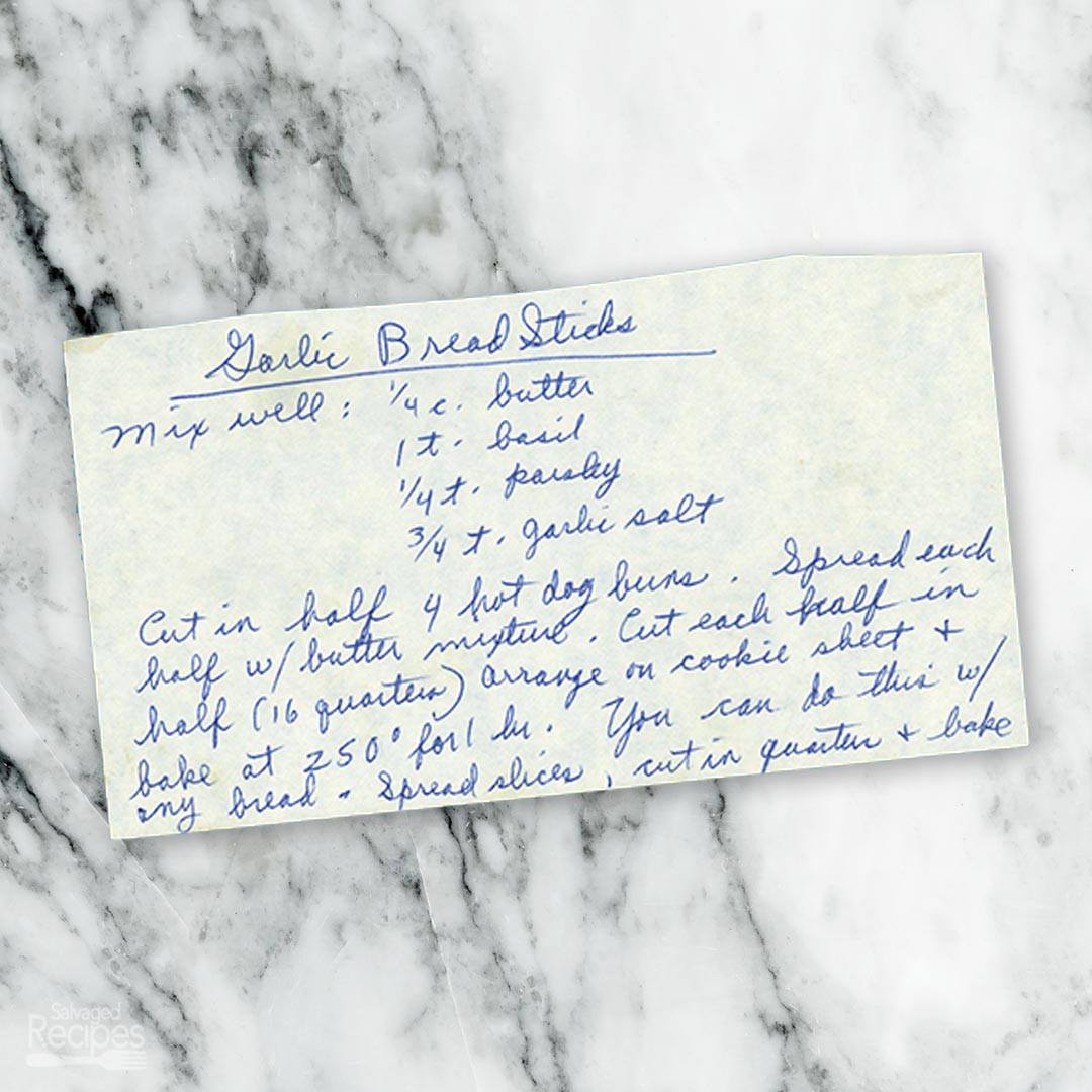 Handwritten recipe for Garlic Bread Sticks