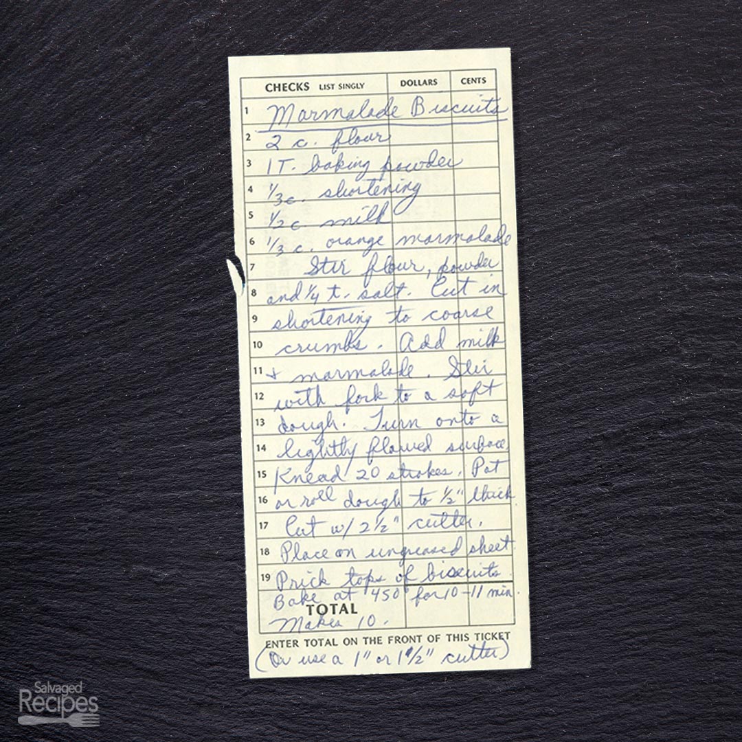 Handwritten recipe for Marmalade Biscuits