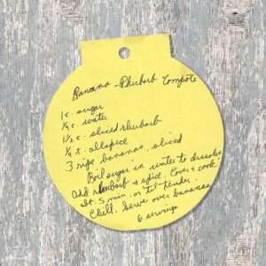 Handwritten recipe for Banana Rhubarb Compote