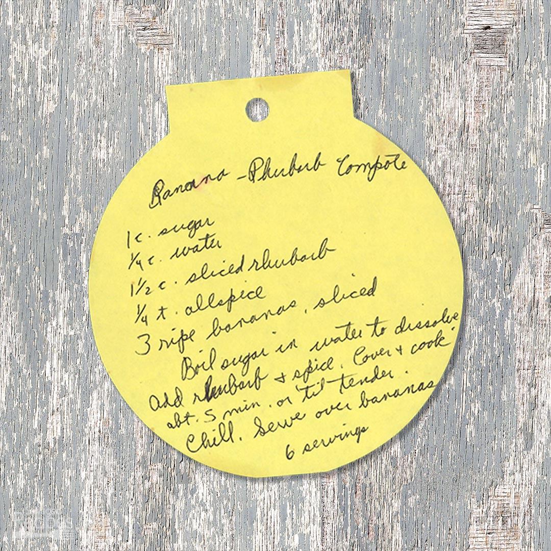Handwritten recipe for Banana Rhubarb Compote