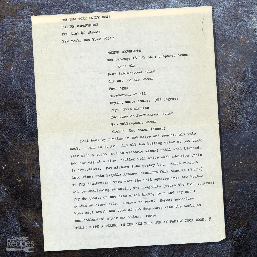 Typed recipe for French Doughnuts from The New York Daily News
