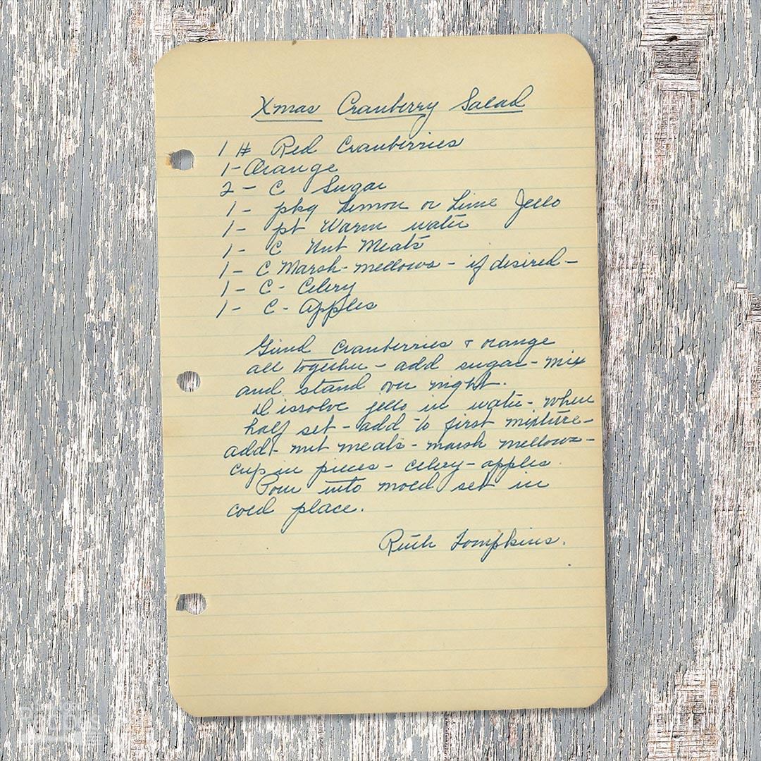 Handwritten recipe for Christmas Cranberry Salad from Ruth Tompkins
