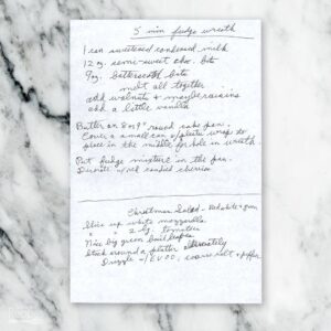 Handwritten recipe for 5 Minute Fudge Wreath