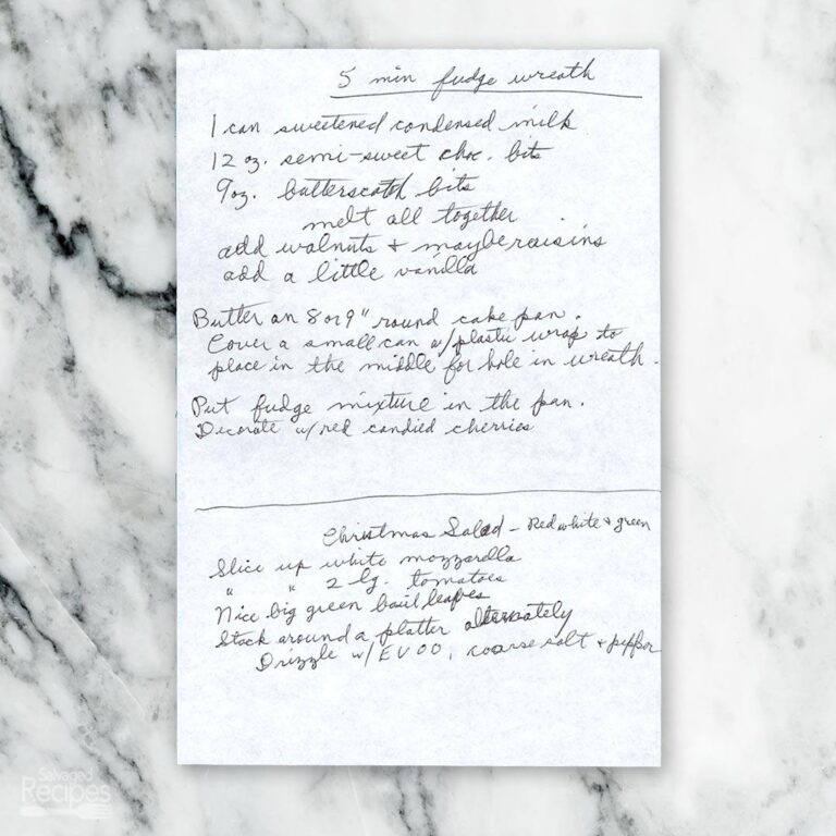 Handwritten recipe for 5 Minute Fudge Wreath