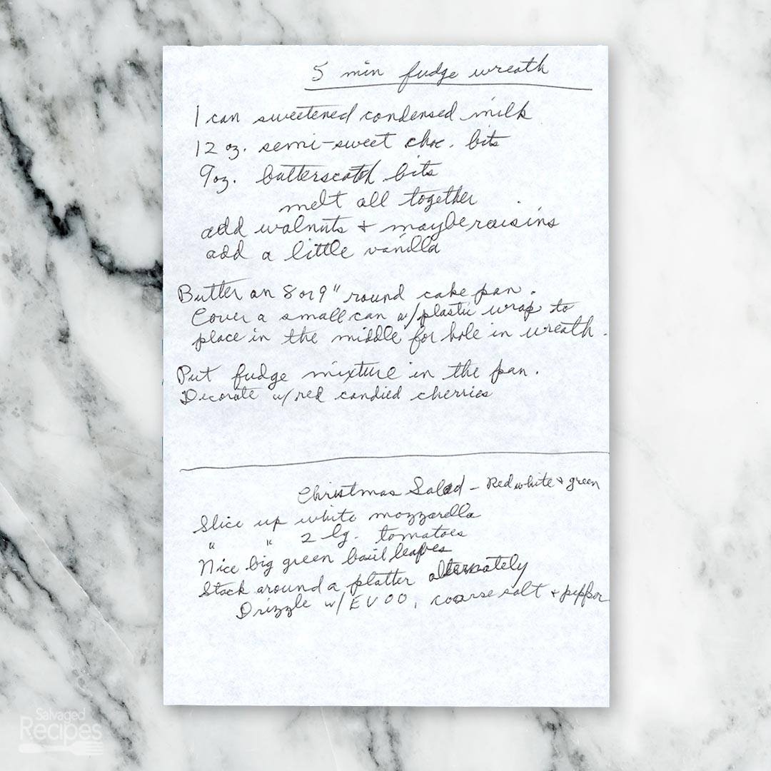 Handwritten recipe for 5 Minute Fudge Wreath