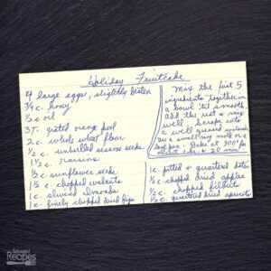 Handwritten recipe card for Holiday Fruitcake