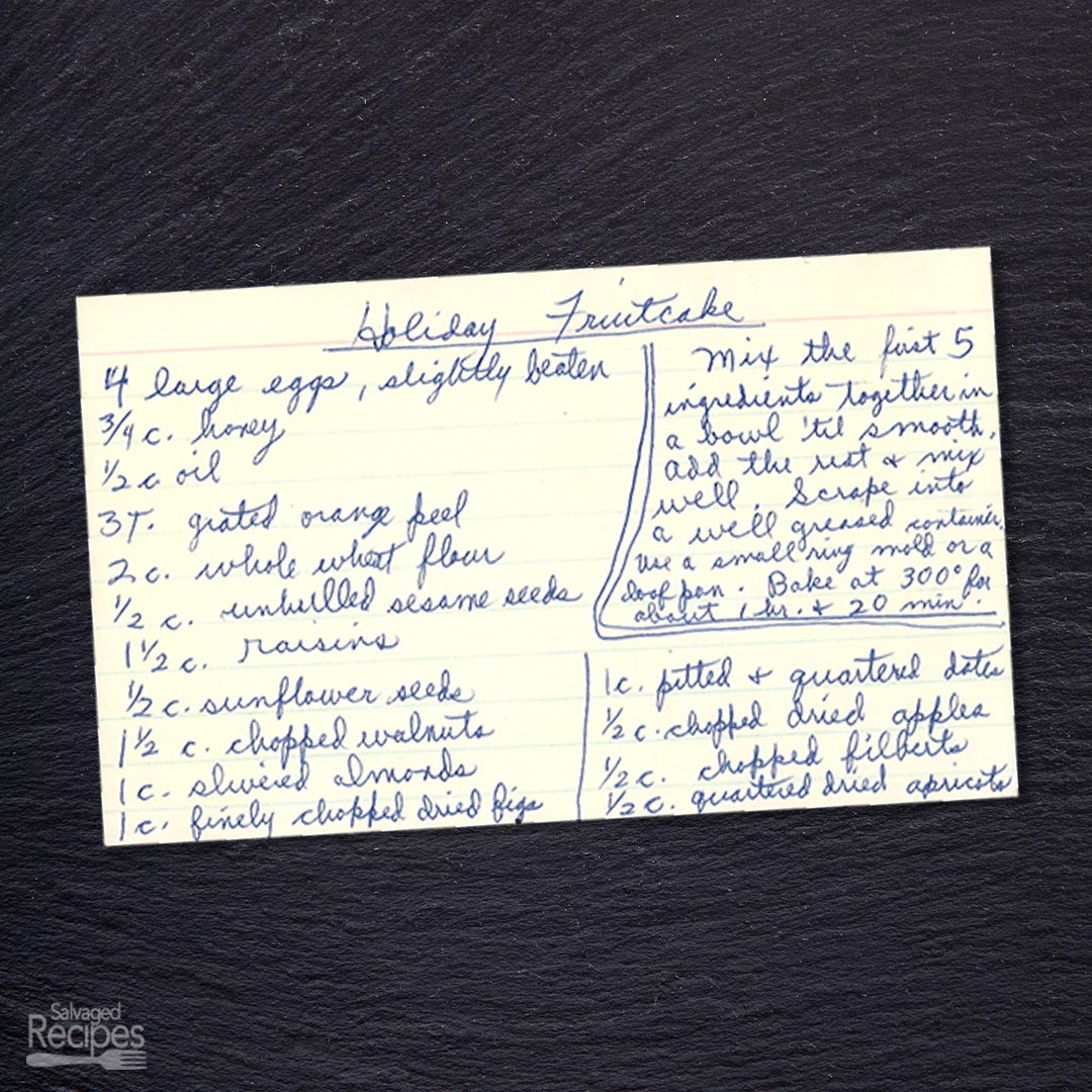 Handwritten recipe card for Holiday Fruitcake