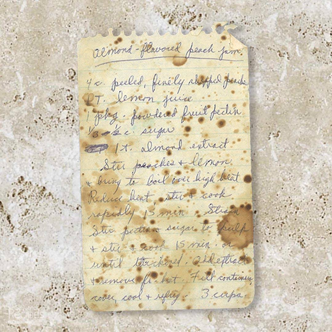 Handwritten recipe for Almond Flavored Peach Jam