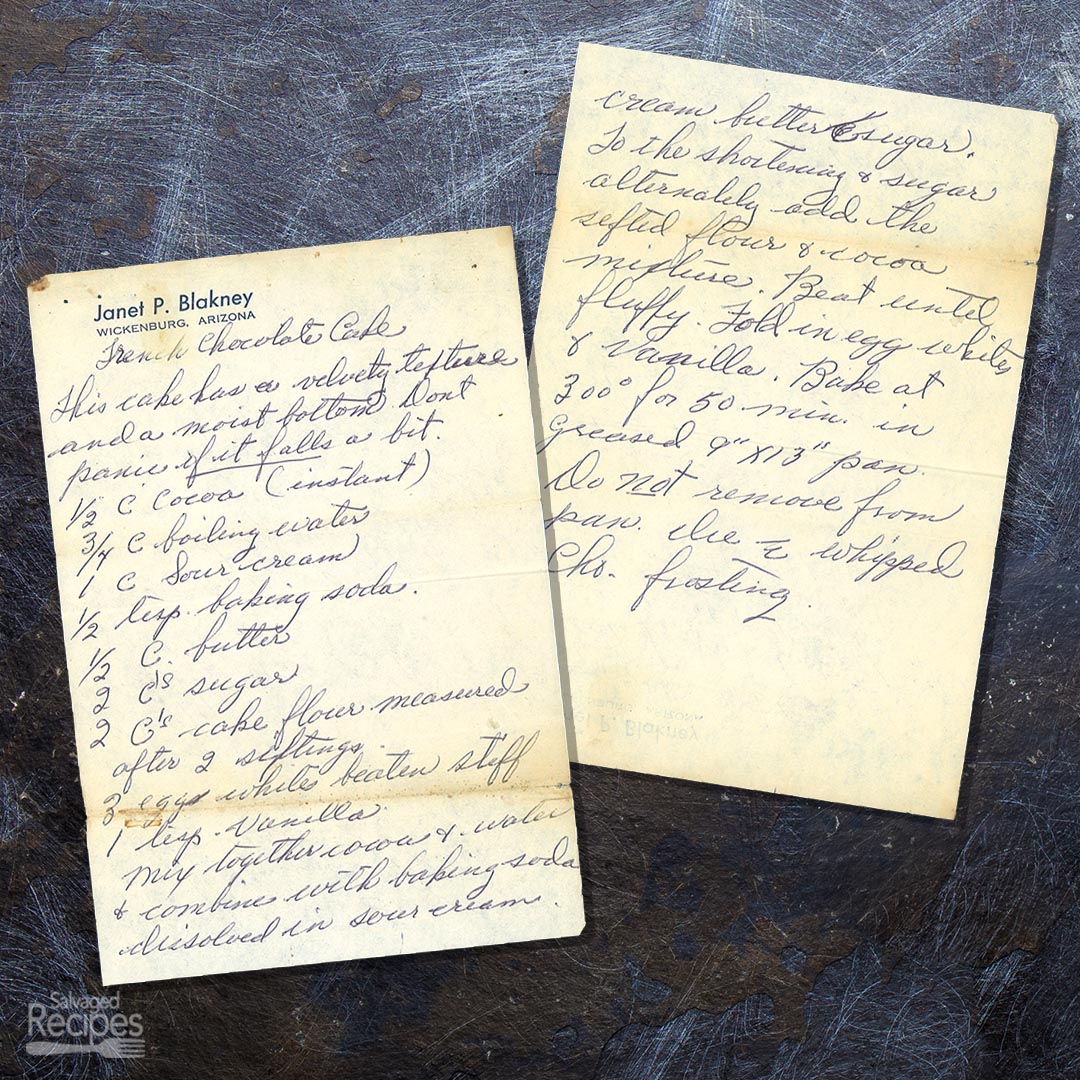Handwritten recipe for French Chocolate Cake