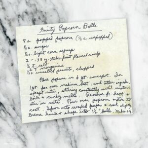 Handwritten recipe for Fruity Popcorn Balls