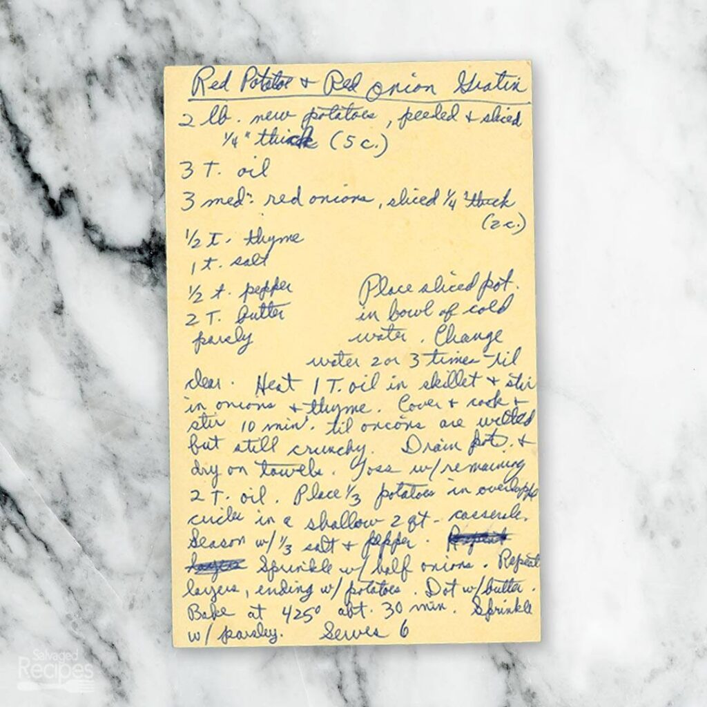 Handwritten recipe for Red Potato and Red Onion Gratin