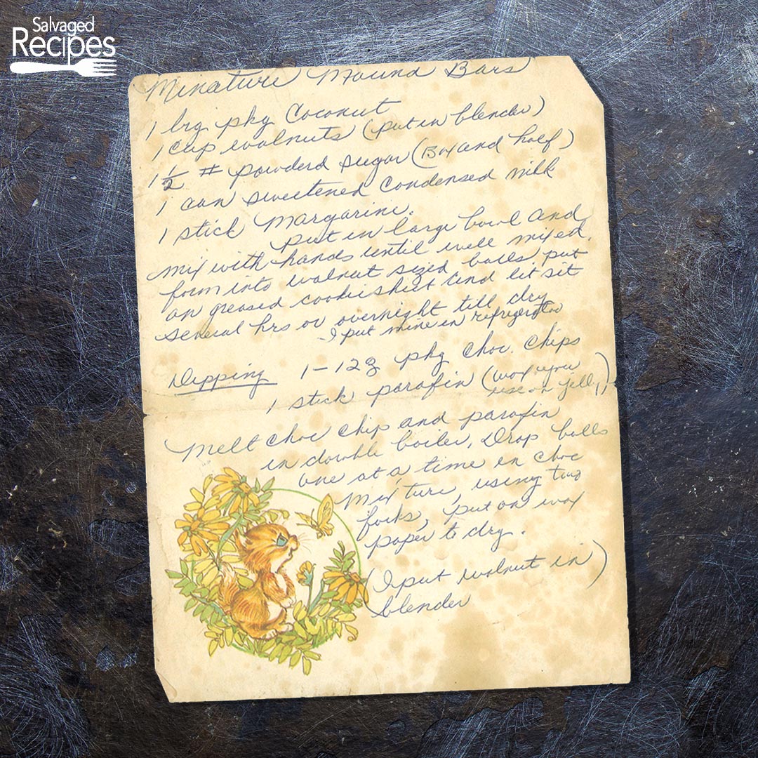 Handwritten recipe for Miniature Mound Bars