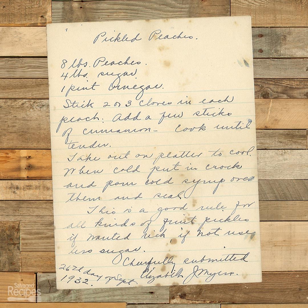 Handwritten recipe for Pickled Peaches