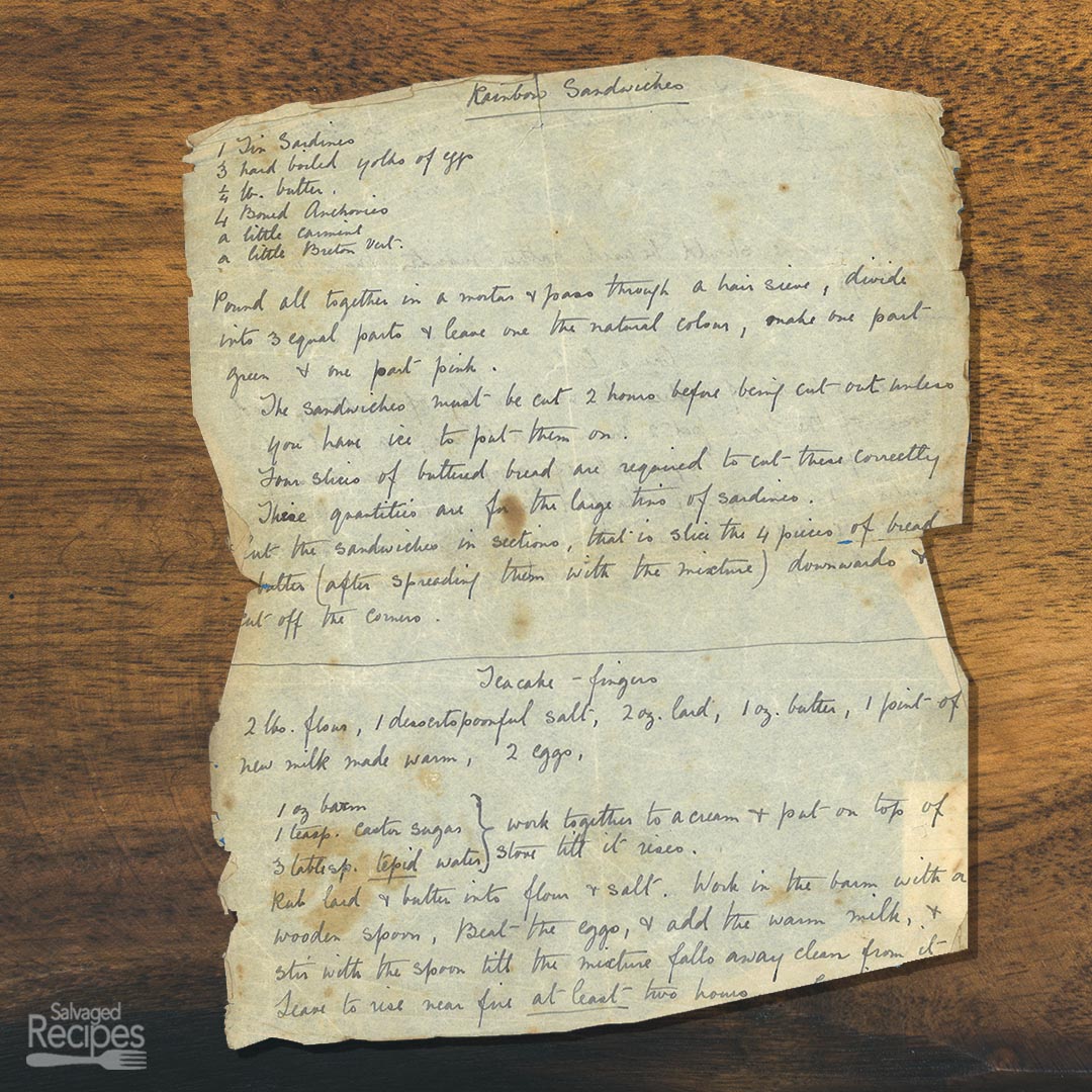 Handwritten recipe for Rainbow Sandwiches