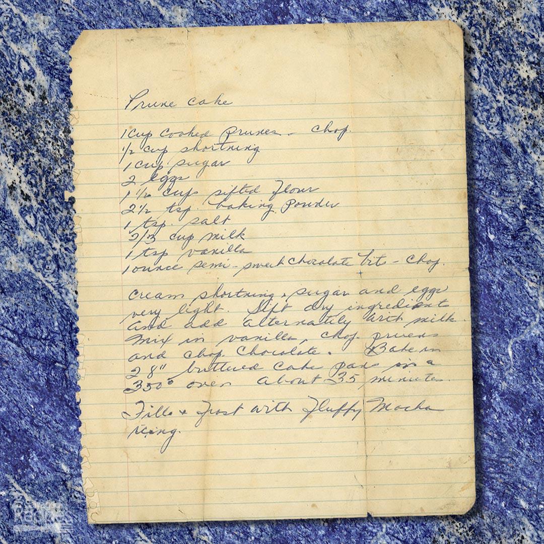 Handwritten recipe for Prune Cake