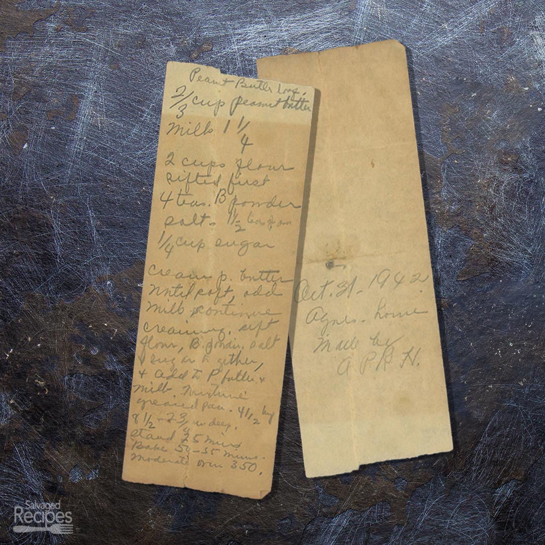 Handwritten recipe for Peanut Butter Bars from Agnes Horne