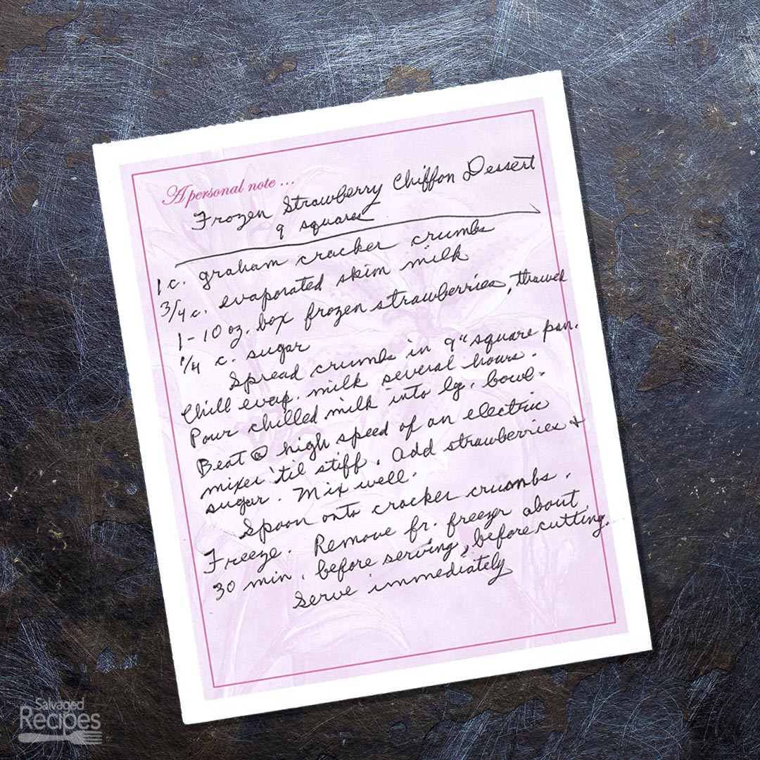 Handwritten recipe for Frozen Strawberry Chiffon Dessert