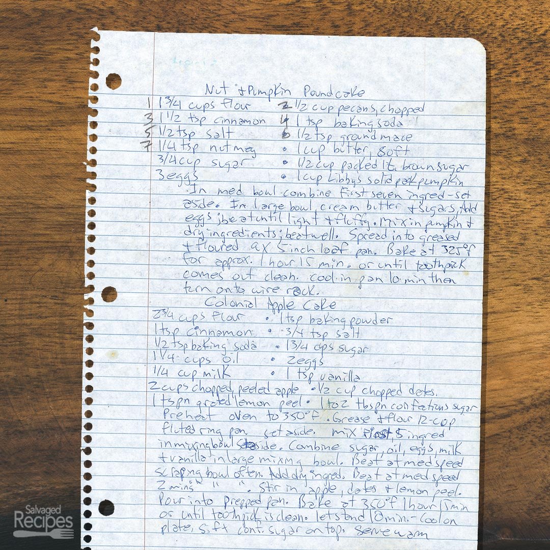 Handwritten recipe for Nut Pumpkin Pound Cake