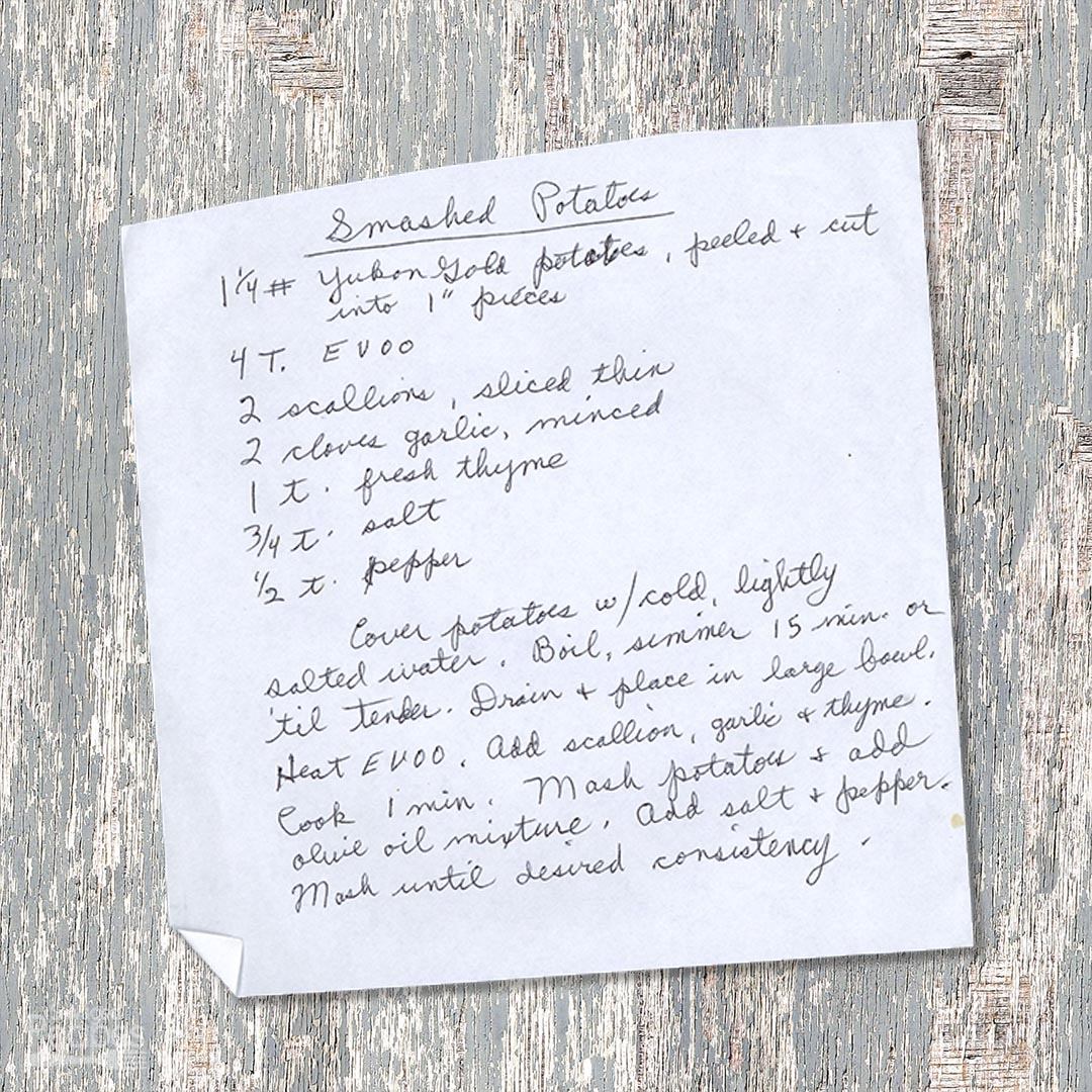 Handwritten recipe for Smashed Potatoes