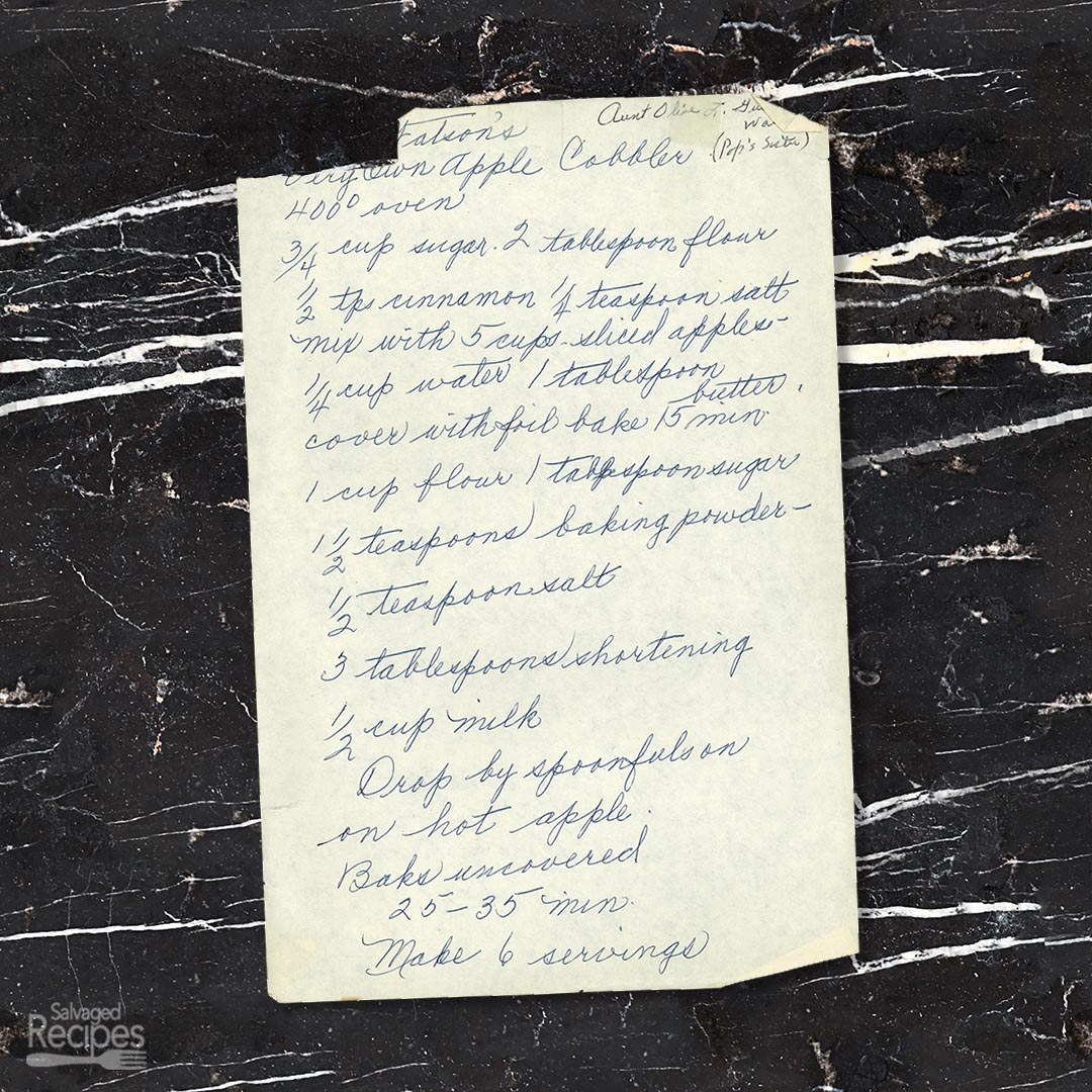 Handwritten recipe for Very Brown Apple Cobbler from Aunt Olive
