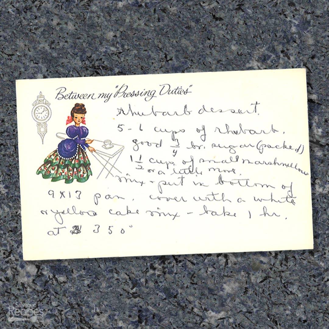 Handwritten recipe card for Rhubarb Dessert