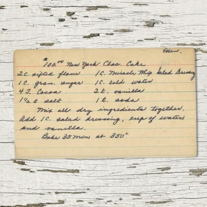 Handwritten recipe card for $100 New York Chocolate Cake