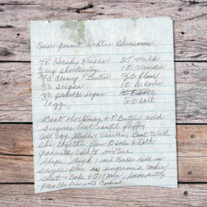 Handwritten recipe for Kisses Peanut Butter Blossoms
