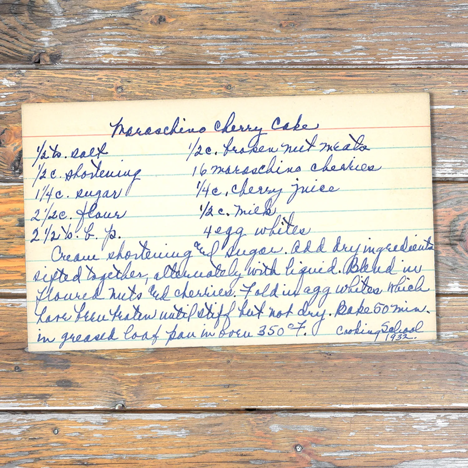 Handwritten recipe card for Maraschino Cherry Cake