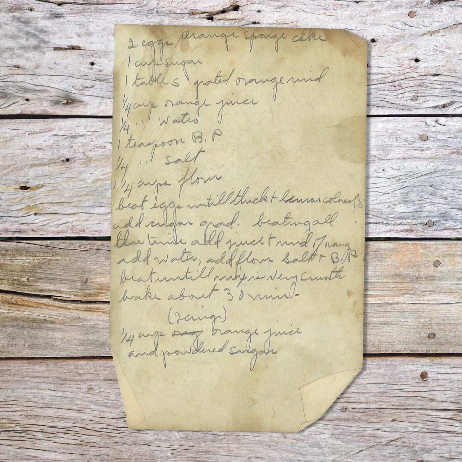Handwritten recipe for Orange Sponge Cake