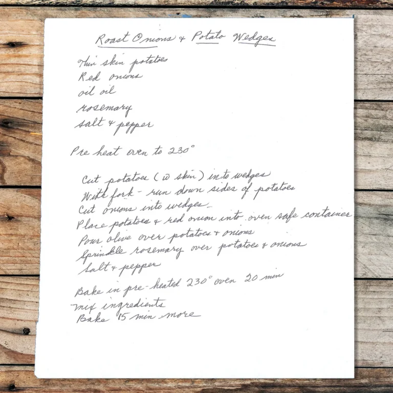 Handwritten recipe for Roast Onions and Potato Wedges