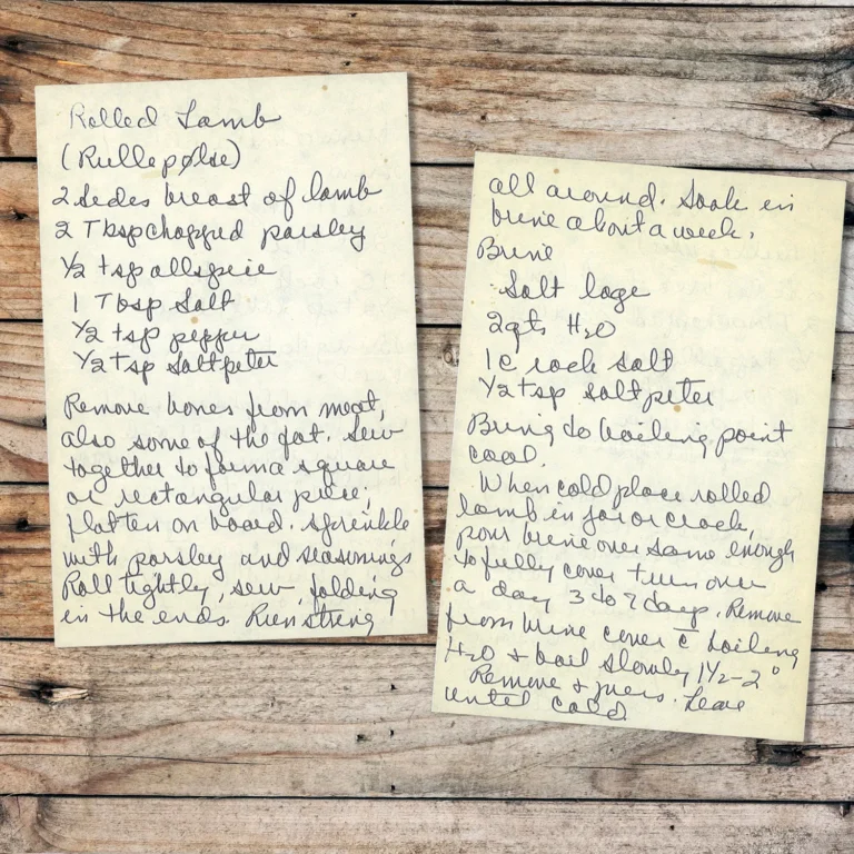 Handwritten recipe for Rolled Lamb - Rullepolse