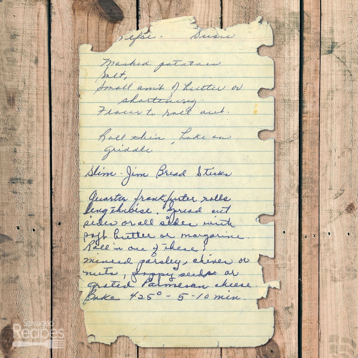 Handwritten recipe for Slim-Jim Breadsticks