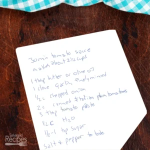 Handwritten recipe for 30-Minute Tomato Sauce