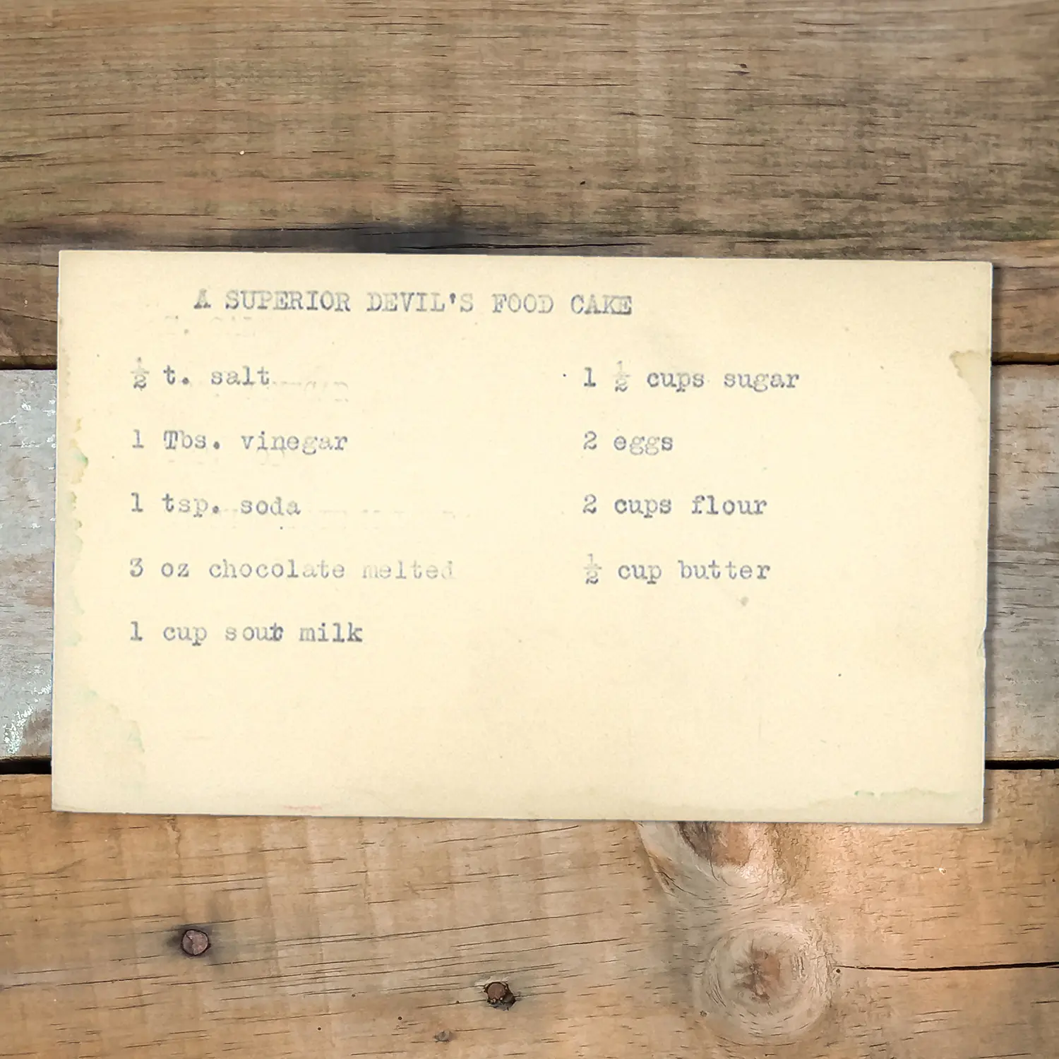 A Handwritten recipe card for A Superior Devil's Food Cake