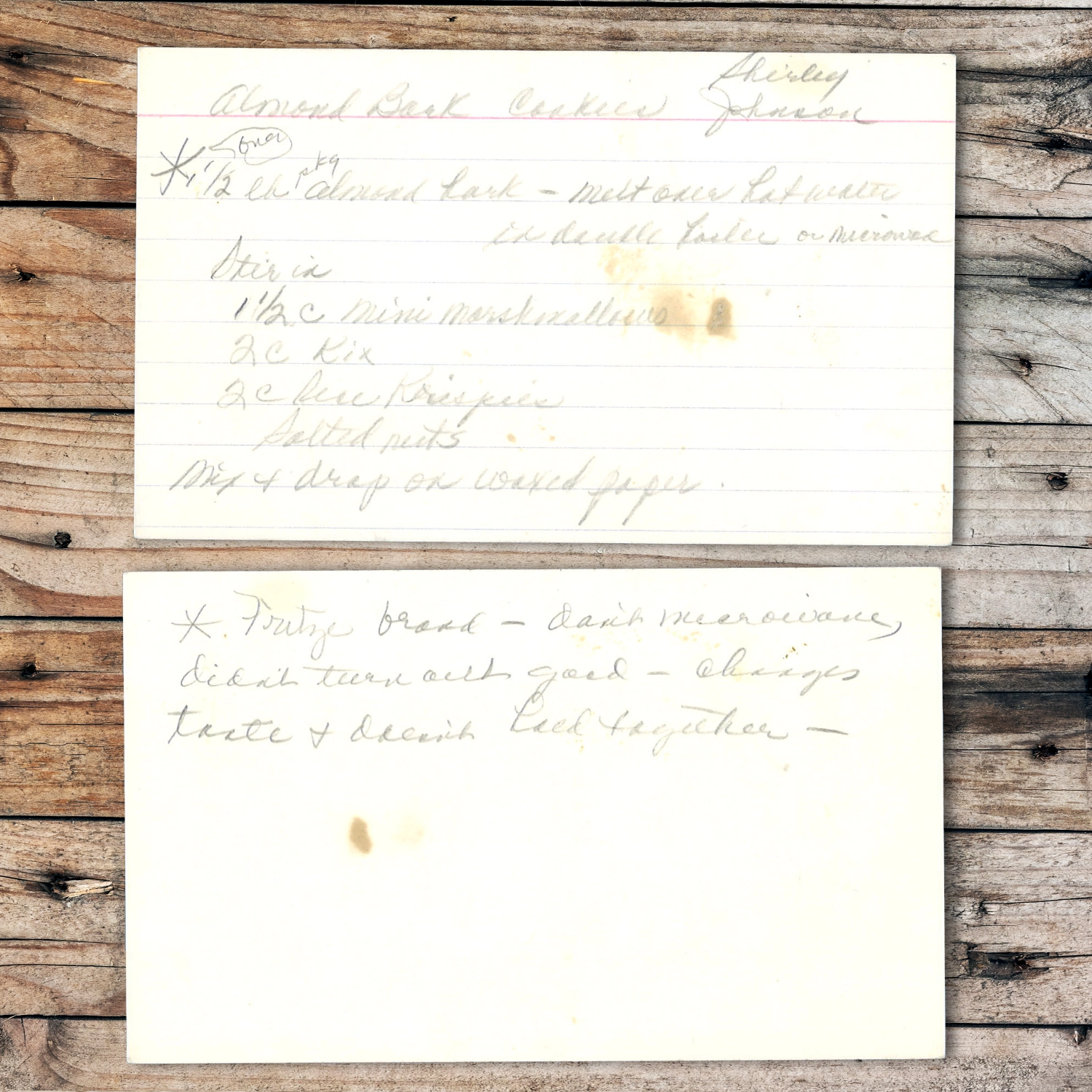 Handwritten recipe card for Almond Bark Cookies from Shirley Johanson